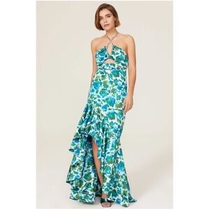Amur Edie Floral Ruffle Cascade Halter Maxi Dress